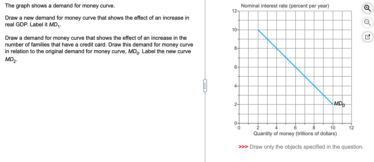 The graph shows a demand for money curve.
Draw a new demand for money curve that shows the effect of an increase in
real GDP. Label it MD₁.
Draw a demand for money curve that shows the effect of an increase in the
number of families that have a credit card. Draw this demand for money curve
in relation to the original demand for money curve, MD. Label the new curve
MD2.
12-
10-
8-
Nominal interest rate (percent per year)
6-
4-
2-
0
2
4
6
8
MD
10
12
☑
Quantity of money (trillions of dollars)
>>> Draw only the objects specified in the question.