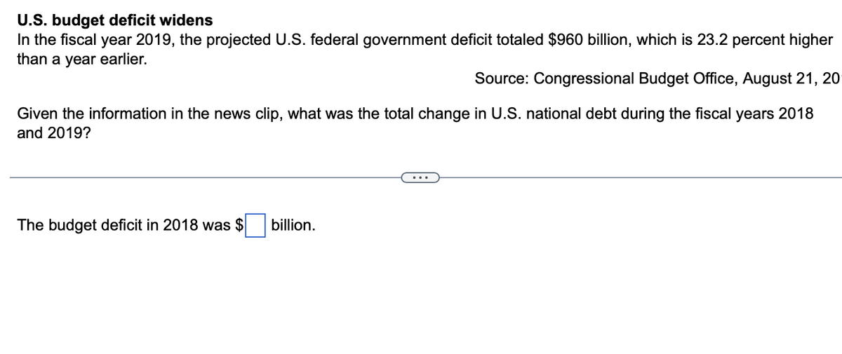 U.S. budget deficit widens
In the fiscal year 2019, the projected U.S. federal government deficit totaled $960 billion, which is 23.2 percent higher
than a year earlier.
Source: Congressional Budget Office, August 21, 20
Given the information in the news clip, what was the total change in U.S. national debt during the fiscal years 2018
and 2019?
The budget deficit in 2018 was $ billion.