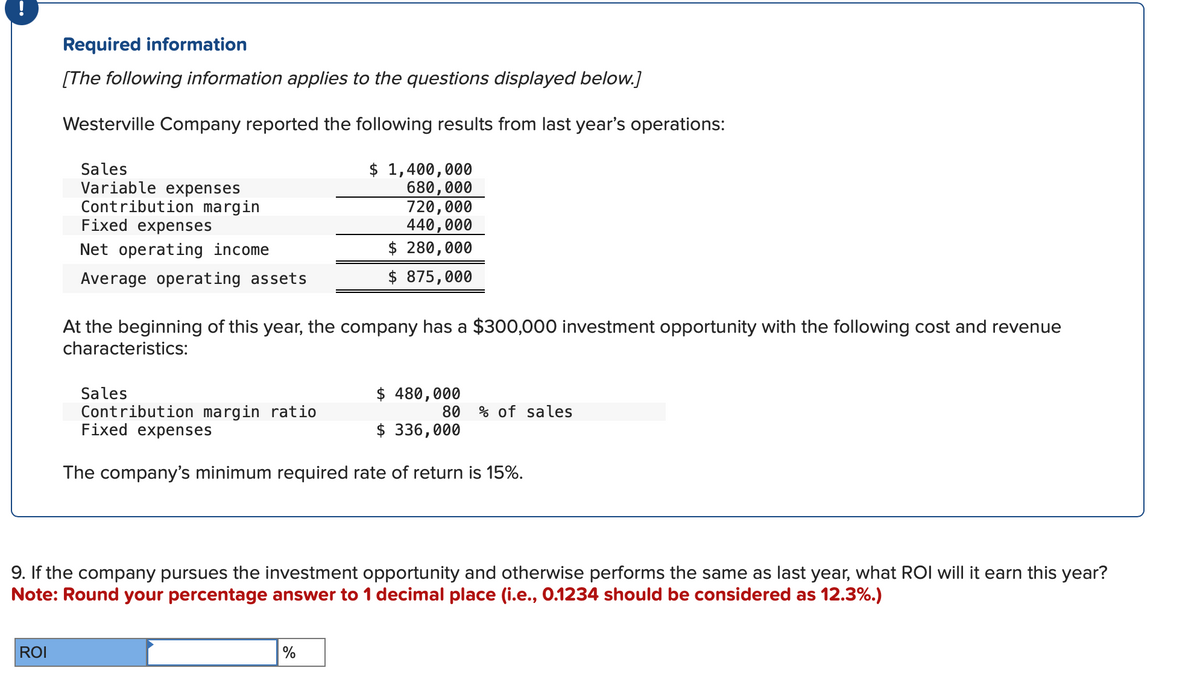 Required information
[The following information applies to the questions displayed below.]
Westerville Company reported the following results from last year's operations:
Sales
Variable expenses
Contribution margin
Fixed expenses
Net operating income
Average operating assets
$ 1,400,000
680,000
720,000
440,000
$ 280,000
$ 875,000
At the beginning of this year, the company has a $300,000 investment opportunity with the following cost and revenue
characteristics:
Sales
$ 480,000
Contribution margin ratio
Fixed expenses
80 % of sales
$ 336,000
The company's minimum required rate of return is 15%.
9. If the company pursues the investment opportunity and otherwise performs the same as last year, what ROI will it earn this year?
Note: Round your percentage answer to 1 decimal place (i.e., 0.1234 should be considered as 12.3%.)
ROI
%