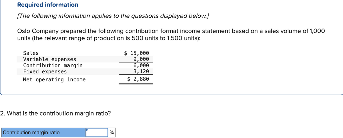 Required information
[The following information applies to the questions displayed below.]
Oslo Company prepared the following contribution format income statement based on a sales volume of 1,000
units (the relevant range of production is 500 units to 1,500 units):
Sales
Variable expenses
Contribution margin
Fixed expenses
Net operating income
$ 15,000
9,000
6,000
3,120
$ 2,880
2. What is the contribution margin ratio?
Contribution margin ratio
%