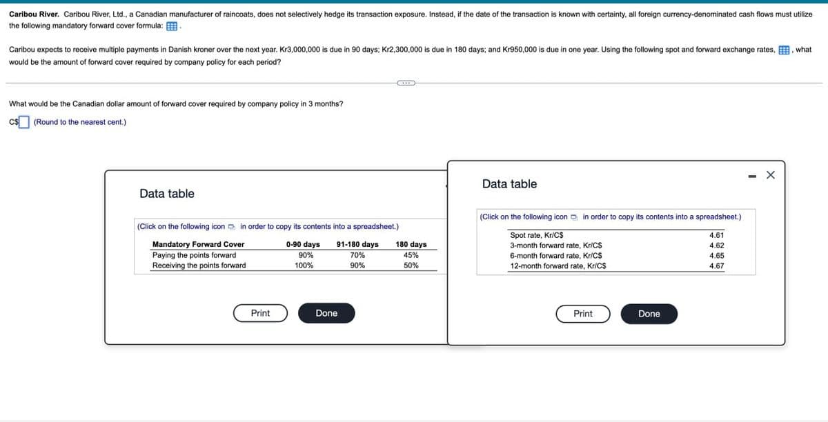 Caribou River. Caribou River, Ltd., a Canadian manufacturer of raincoats, does not selectively hedge its transaction exposure. Instead, if the date of the transaction is known with certainty, all foreign currency-denominated cash flows must utilize
the following mandatory forward cover formula:
Caribou expects to receive multiple payments in Danish kroner over the next year. Kr3,000,000 is due in 90 days; Kr2,300,000 is due in 180 days; and Kr950,000 is due in one year. Using the following spot and forward exchange rates, what
would be the amount of forward cover required by company policy for each period?
What would be the Canadian dollar amount of forward cover required by company policy in 3 months?
C$
(Round to the nearest cent.)
Data table
Data table
(Click on the following icon in order to copy its contents into a spreadsheet.)
(Click on the following icon in order to copy its contents into a spreadsheet.)
Spot rate, Kr/C$
4.61
Mandatory Forward Cover
0-90 days
Paying the points forward
Receiving the points forward
90%
91-180 days
70%
180 days
45%
3-month forward rate, Kr/C$
4.62
100%
90%
50%
6-month forward rate, Kr/C$
12-month forward rate, Kr/CS
4.65
4.67
Print
Done
Print
Done