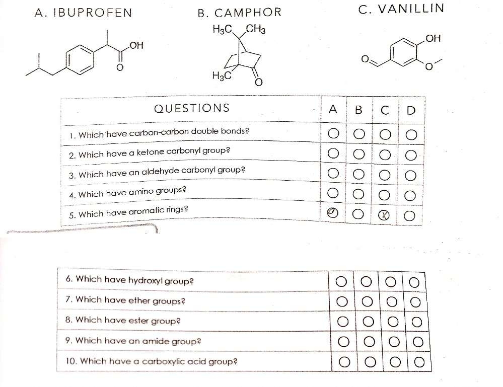 A. IBUPROFEN
В. САМРНOR
C. VANILLIN
H3C CH3
HO
H3C
QUESTIONS
A
В
D
1. Which have carbon-carbon double bonds?
2. Which have a ketone carbonyl group?
3. Which have an aldehyde carbonyl group?
4. Which have amino groups?
5. Which have aromatic rings?
6. Which have hydroxyl group?
7. Which have ether groups?
8. Which have ester group?
9. Which have an amide group?
10. Which have a carboxylic acid group?
