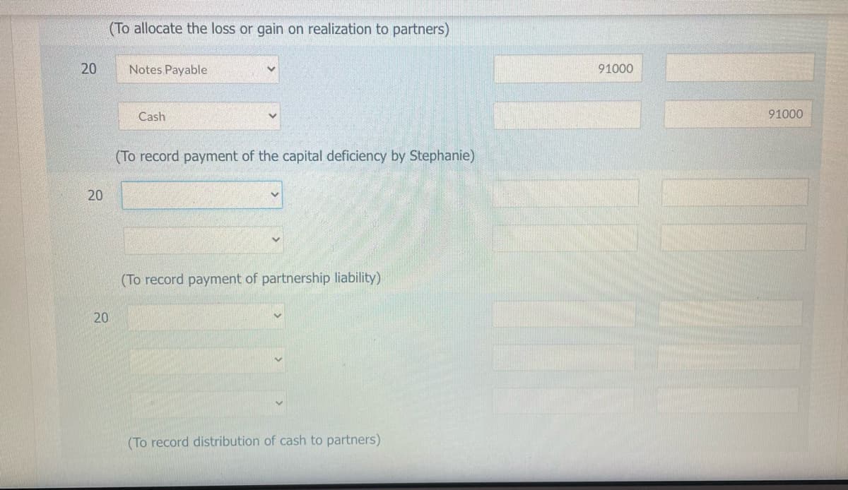 (To allocate the loss or gain on realization to partners)
20
Notes Payable
Cash
20
20
(To record payment of the capital deficiency by Stephanie)
20
(To record payment of partnership liability)
(To record distribution of cash to partners)
91000
91000
