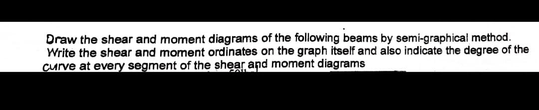 Draw the shear and moment diagrams of the following beams by semi-graphical method.
Write the shear and moment ordinates on the graph itself and also indicate the degree of the
curve at every segment of the shear and moment diagrams