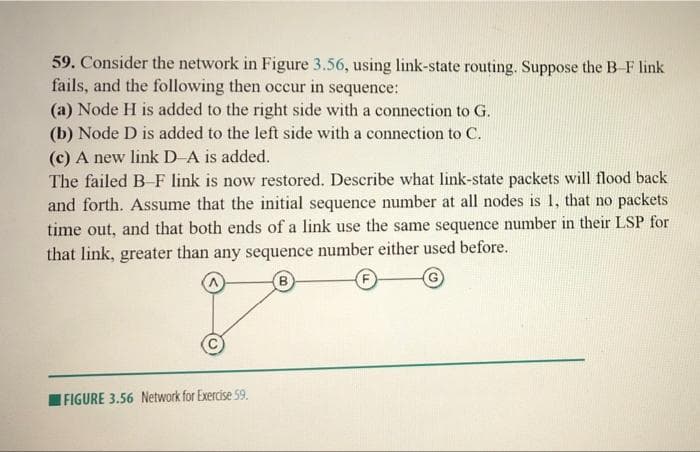 59. Consider the network in Figure 3.56, using link-state routing. Suppose the B-F link
fails, and the following then occur in sequence:
(a) Node H is added to the right side with a connection to G.
(b) Node D is added to the left side with a connection to C.
(c) A new link D-A is added.
The failed B-F link is now restored. Describe what link-state packets will flood back
and forth. Assume that the initial sequence number at all nodes is 1, that no packets
time out, and that both ends of a link use the same sequence number in their LSP for
that link, greater than any sequence number either used before.
IFIGURE 3.56 Network for Exercise S9.
