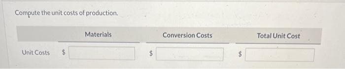 Compute the unit costs of production.
Unit Costs
Materials
Conversion Costs
Total Unit Cost