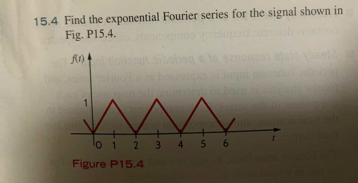 15.4 Find the exponential Fourier series for the signal shown in
Fig. P15.4.
posmos varisoperl
BUT f(t)
olisnut aiboine0 6 to 320100291 5sil-qb6912 |
bra, esiemanuofi s 26 borasiqxo zi 4aqui nousnut siboneq
pain0201 Silt suimioish of bsau ai alaplam, anzeilig
M
0 1 2 3 4 5 6
Figure P15.4 baromestam
4
daarin
1
Y
t