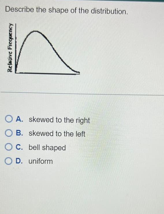 Describe the shape of the distribution.
Relative Frequency
A. skewed to the right
OB. skewed to the left
OC. bell shaped
O D. uniform