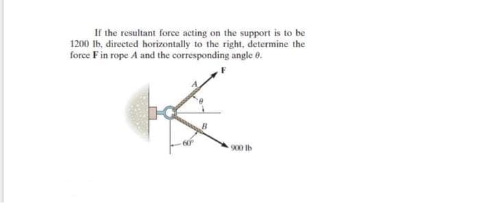 If the resultant force acting on the support is to be
1200 lb, directed horizontally to the right, determine the
force F in rope A and the corresponding angle 0.
900 lb