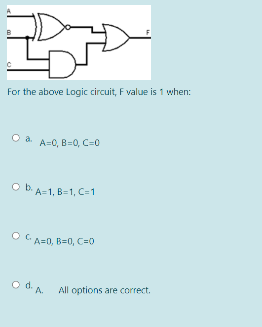 A
F
B
For the above Logic circuit, F value is 1 when:
a.
A=0, B=0, C=0
O b. A=1, B=1, C=1
O C.A=0, B=0, C=0
o d. A.
All options are correct.
