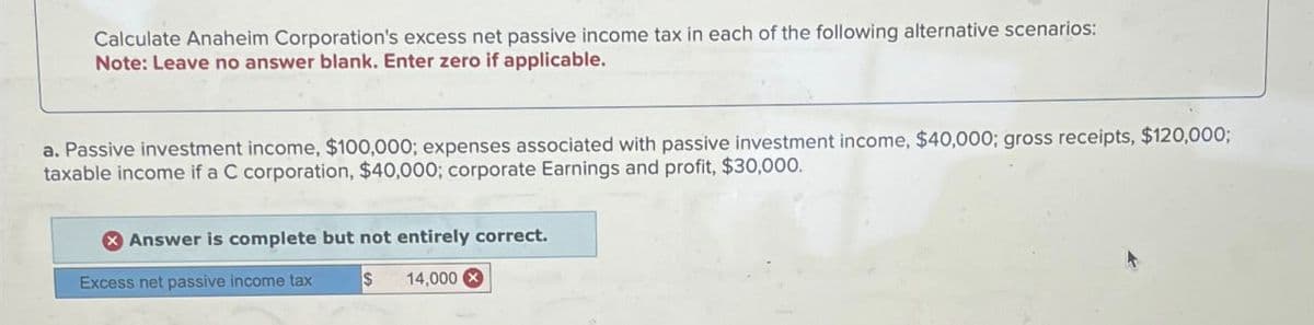 Calculate Anaheim Corporation's excess net passive income tax in each of the following alternative scenarios:
Note: Leave no answer blank. Enter zero if applicable.
a. Passive investment income, $100,000; expenses associated with passive investment income, $40,000; gross receipts, $120,000;
taxable income if a C corporation, $40,000; corporate Earnings and profit, $30,000.
Answer is complete but not entirely correct.
Excess net passive income tax
$
14,000X