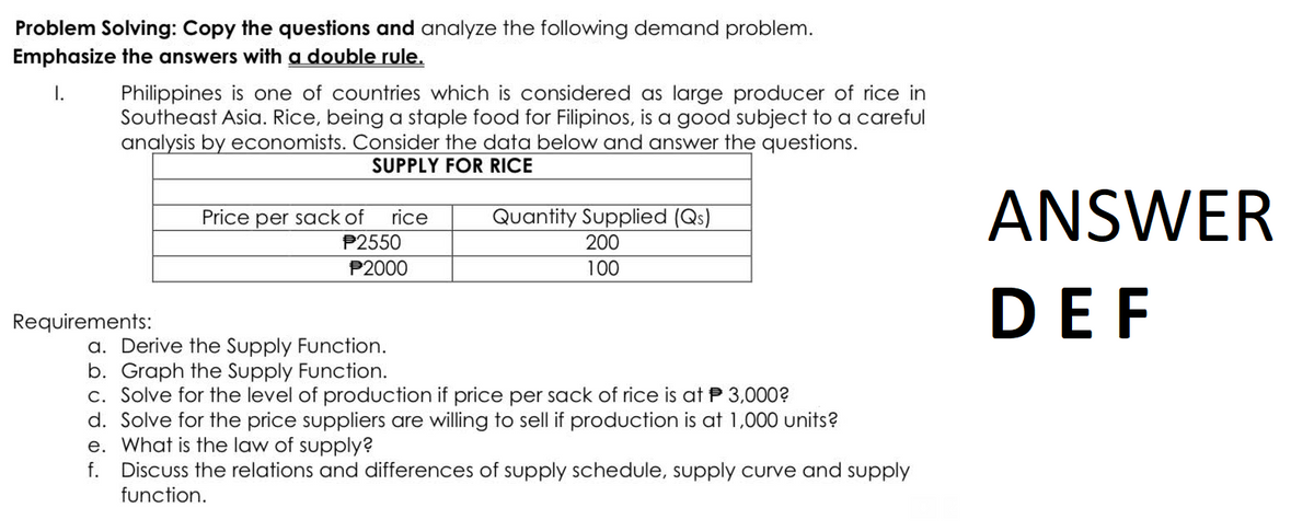 Problem Solving: Copy the questions and analyze the following demand problem.
Emphasize the answers with a double rule.
I.
Philippines is one of countries which is considered as large producer of rice in
Southeast Asia. Rice, being a staple food for Filipinos, is a good subject to a careful
analysis by economists. Consider the data below and answer the questions.
SUPPLY FOR RICE
Requirements:
Price per sack of rice
P2550
P2000
Quantity Supplied (Qs)
200
100
a. Derive the Supply Function.
b. Graph the Supply Function.
c. Solve for the level of production if price per sack of rice is at P 3,000?
d. Solve for the price suppliers are willing to sell if production is at 1,000 units?
e. What is the law of supply?
f. Discuss the relations and differences of supply schedule, supply curve and supply
function.
ANSWER
DEF