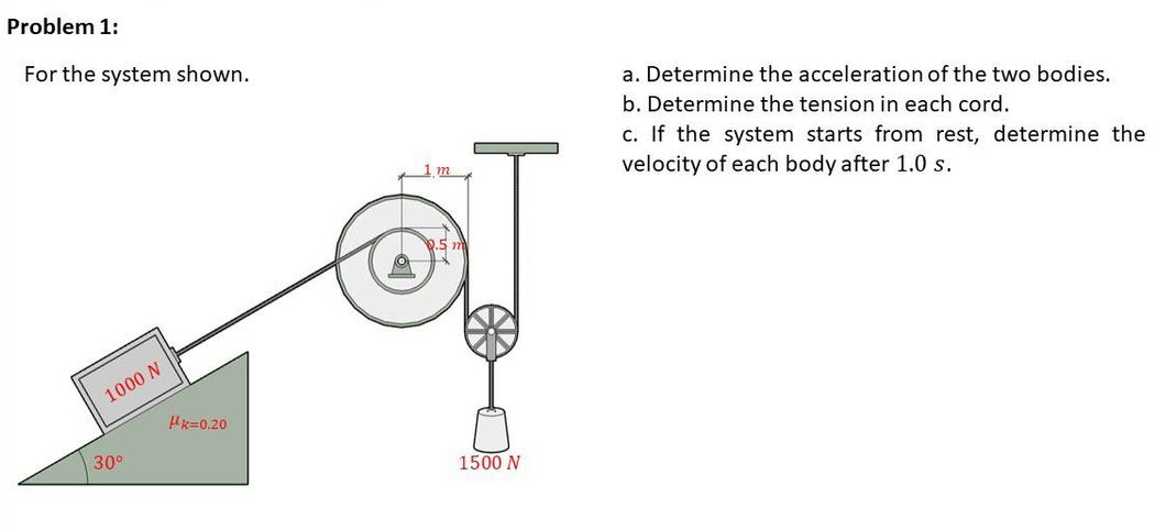 Problem 1:
For the system shown.
1000 N
30⁰
k=0.20
0.5 m
1500 N
a. Determine the acceleration of the two bodies.
b. Determine the tension in each cord.
c. If the system starts from rest, determine the
velocity of each body after 1.0 s.