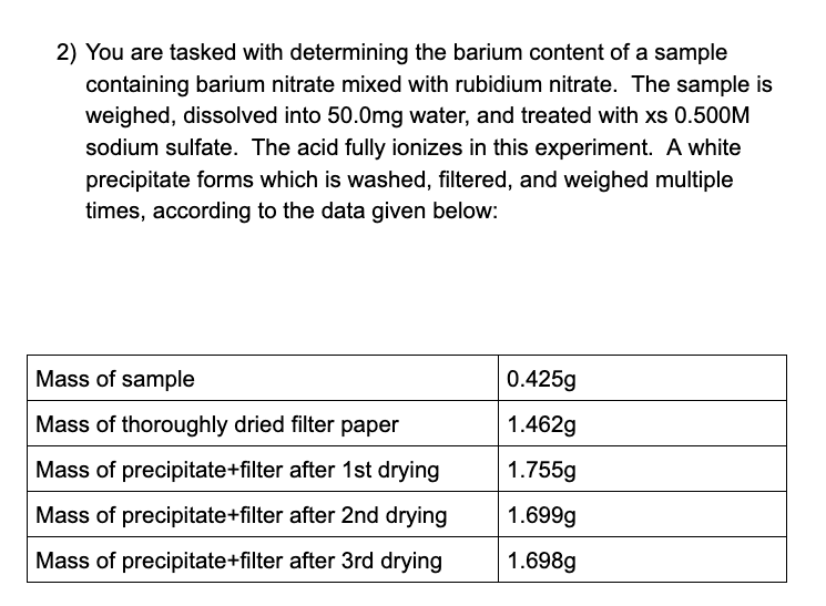 2) You are tasked with determining the barium content of a sample
containing barium nitrate mixed with rubidium nitrate. The sample is
weighed, dissolved into 50.0mg water, and treated with xs 0.500M
sodium sulfate. The acid fully ionizes in this experiment. A white
precipitate forms which is washed, filtered, and weighed multiple
times, according to the data given below:
Mass of sample
0.425g
Mass of thoroughly dried filter paper
1.462g
Mass of precipitate+filter after 1st drying
1.755g
Mass of precipitate+filter after 2nd drying
1.699g
Mass of precipitate+filter after 3rd drying
1.698g

