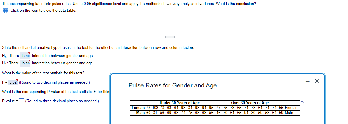 The accompanying table lists pulse rates. Use a 0.05 significance level and apply the methods of two-way analysis of variance. What is the conclusion?
Click on the icon to view the data table.
C
State the null and alternative hypotheses in the test for the effect of an interaction between row and column factors.
Ho: There is no interaction between gender and age.
H₁: There is an interaction between gender and age.
What is the value of the test statistic for this test?
F = 3.32 (Round to two decimal places as needed.)
What is the corresponding P-value of the test statistic, F, for this
P-value= (Round to three decimal places as needed.)
Pulse Rates for Gender and Age
Over 30 Years of Age
Under 30 Years of Age
Female 78 103 78 63 61 98 81 98 91 95 77 75 73 65 71 78 61 71 74 55 Female
Male 60 81 56 69 68 74 75 68 63 56 46 70 61 65 91 80 59 58 64 59 Male
D
X