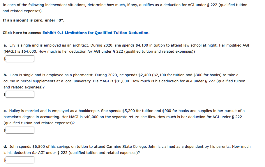In each of the following independent situations, determine how much, if any, qualifies as a deduction for AGI under § 222 (qualified tuition
and related expenses).
If an amount is zero, enter "0".
Click here to access Exhibit 9.1 Limitations for Qualified Tuition Deduction.
a. Lily is single and is employed as an architect. During 2020, she spends $4,100 in tuition to attend law school at night. Her modified AGI
(MAGI) is $64,000. How much is her deduction for AGI under § 222 (qualified tuition and related expenses)?
b. Liam is single and is employed as a pharmacist. During 2020, he spends $2,400 ($2,100 for tuition and $300 for books) to take a
course in herbal supplements at a local university. His MAGI is $81,000. How much is his deduction for AGI under § 222 (qualified tuition
and related expenses)?
c. Hailey is married and is employed as a bookkeeper. She spends $5,200 for tuition and $900 for books and supplies in her pursuit of a
bachelor's degree in accounting. Her MAGI is $40,000 on the separate return she files. How much is her deduction for AGI under § 222
(qualified tuition and related expenses)?
d. John spends $6,500 of his savings on tuition to attend Carmine State College. John is claimed as a dependent by his parents. How much
is his deduction for AGI under § 222 (qualified tuition and related expenses)?
