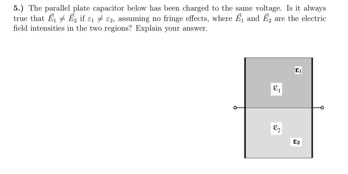 5.) The parallel plate capacitor below has been charged to the same voltage. Is it always
true that E, E, if ɛ1 7 €2, assuming no fringe effects, where E and E2 are the electric
field intensities in the two regions? Explain your answer.
E1
E2
