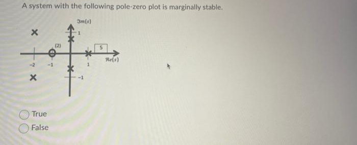 A system with the following pole-zero plot is marginally stable.
3m(s)
(2)
5.
Refs)
-2
-1
True
False
