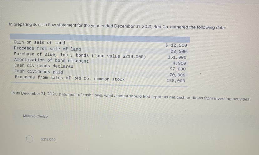 In preparing its cash flow statement for the year ended December 31, 2021, Red Co. gathered the following data:
Gain on sale of land
Proceeds from sale of land
Purchase of Blue, Inc., bonds (face value $219, 000)
Amortization of bond discount
Cash dividends declared
Cash dividends paid
Proceeds from sales of Red Co. common stock
In its December 31, 2021, statement of cash flows, what amount should Red report as net cash outflows from investing activities?
Multiple Choice
$ 12,500
23,500
351,000
4,900
97,000
70,000
158, 000
$315,000.