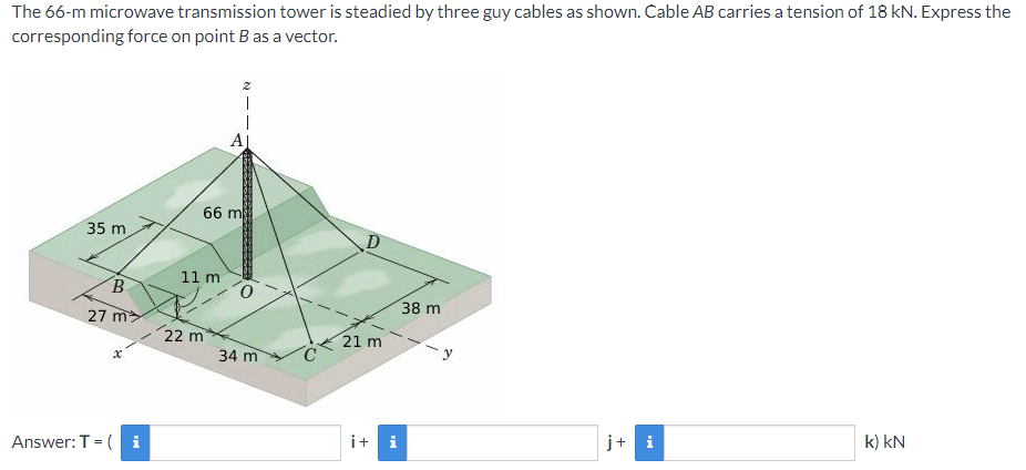 The 66-m microwave transmission tower is steadied by three guy cables as shown. Cable AB carries a tension of 18 kN. Express the
corresponding force on point B as a vector.
AJ
66 m
35 m
11 m
B.
38 m
27 m>
22 m
21 m
34 m
Answer: T= ( i
i+ i
j+ i
k) kN
