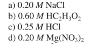 а) 0.20 M NaC
b) 0.60 M НС,Н,0,
с) 0.25 М НСІ
d) 0.20 M Mg(NO3)2
