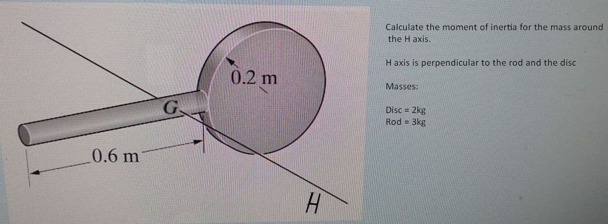 Calculate the moment of inertia for the mass around
the H axis.
H axis is perpendicular to the rod and the disc
0.2 m
Masses:
G.
Disc = 2kg
Rod = 3kg
0.6 m
