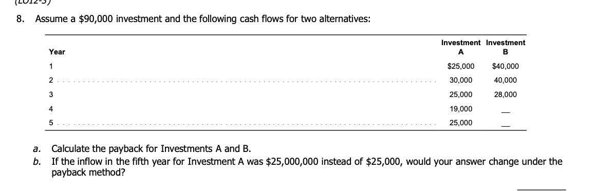 8. Assume a $90,000 investment and the following cash flows for two alternatives:
Year
1
2
3
4
5
Investment Investment
A
B
$25,000
30,000
25,000
19,000
25,000
$40,000
40,000
28,000
a. Calculate the payback for Investments A and B.
b. If the inflow in the fifth year for Investment A was $25,000,000 instead of $25,000, would your answer change under the
payback method?