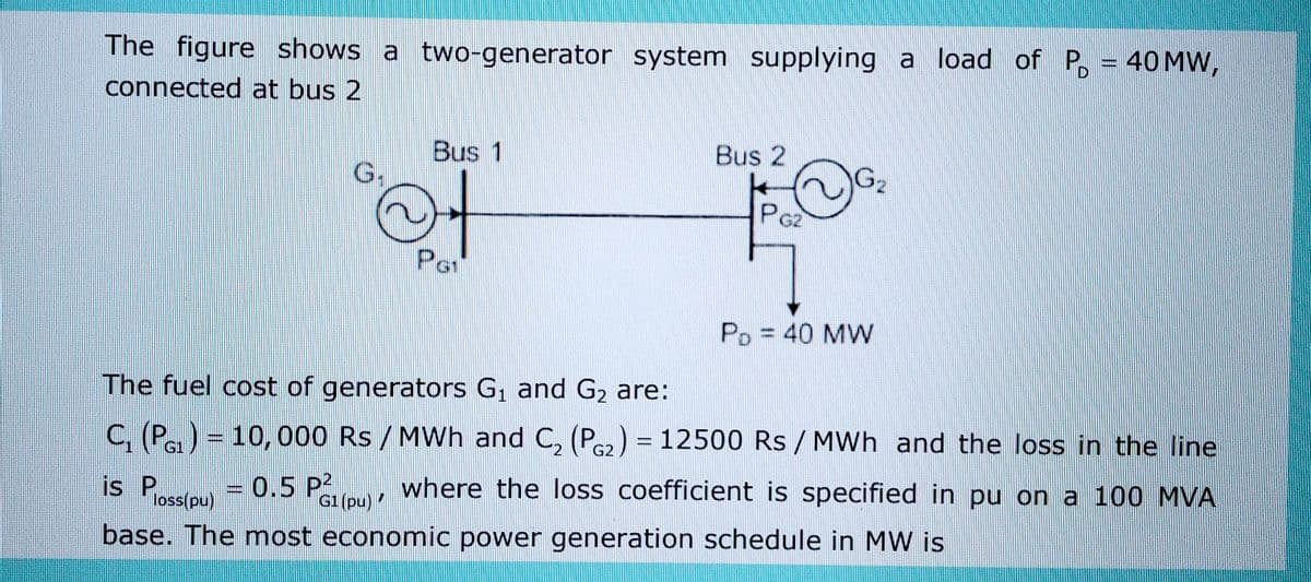 The figure shows a two-generator system supplying a load of P = 40 MW,
connected at bus 2
G.
BROMAN
Bus 1
ⒸH
Bus 2
PG2
G₂
PD = 40 MW
The fuel cost of generators G₁ and G₂ are:
C₁ (P₁) = 10,000 Rs/MWh and C₂ (PG2) = 12500 Rs/MWh and the loss in the line
is Ploss(pu)
0.5 P2
where the loss coefficient is specified in pu on a 100 MVA
base. The most economic power generation schedule in MW is
G1 (pu)