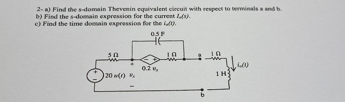 2-a) Find the s-domain Thevenin equivalent circuit with respect to terminals a and b.
b) Find the s-domain expression for the current la(s).
c) Find the time domain expression for the ia(t).
5Ω
+
20 u(t) Vx
0.5 F
HE
0.2 Ux
ΙΩ
ΤΩ
1 H