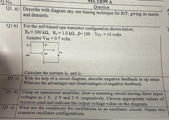 Q.No.
Question
Q1. a) Describe with diagram any one biasing technique for BJT, giving its merits
and demerits.
Q1.b) For the self-biased npn transistor configuration shown below,
Rb300 kn, Rc = 1.0 k2, B= 100. Vcc = 15 volts
Assume VBE = 0.7 volts.
Rb
Input
Re
NPN
Ve
ON A
Vec
Calculate the currents IB and Ic.
Q1. c) With the help of a circuit diagram, describe negative feedback in op amps.
What are the advantages and disadvantages of negative feedback.
Q1. d) Using an operational amplifier, draw a summing circuit having three input
voltages as 1 V, 2 V and 3 V respectively. Choose appropriate values of
resistors used and indicate the output voltage value on the diagram.
Q1. e) What are the conditions for oscillations in an oscillator circuit. Name two
common oscillator configurations.