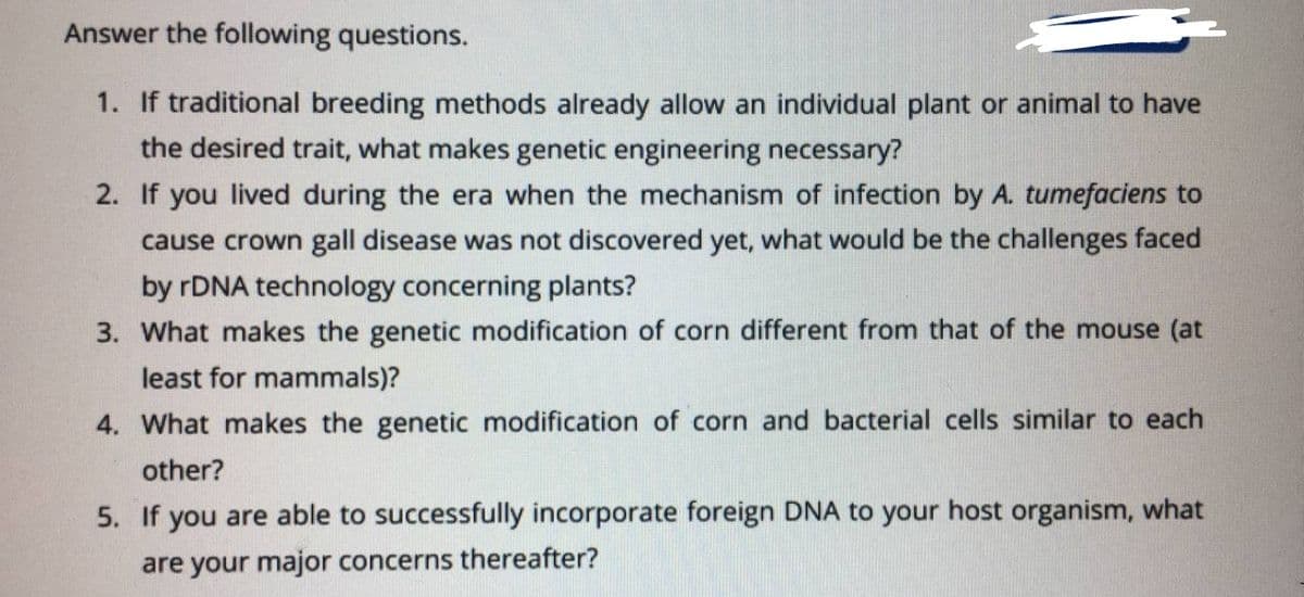 Answer the following questions.
1. If traditional breeding methods already allow an individual plant or animal to have
the desired trait, what makes genetic engineering necessary?
2. If you lived during the era when the mechanism of infection by A. tumefaciens to
cause crown gall disease was not discovered yet, what would be the challenges faced
by rDNA technology concerning plants?
3. What makes the genetic modification of corn different from that of the mouse (at
least for mammals)?
4. What makes the genetic modification of corn and bacterial cells similar to each
other?
5. If you are able to successfully incorporate foreign DNA to your host organism, what
are your major concerns thereafter?
