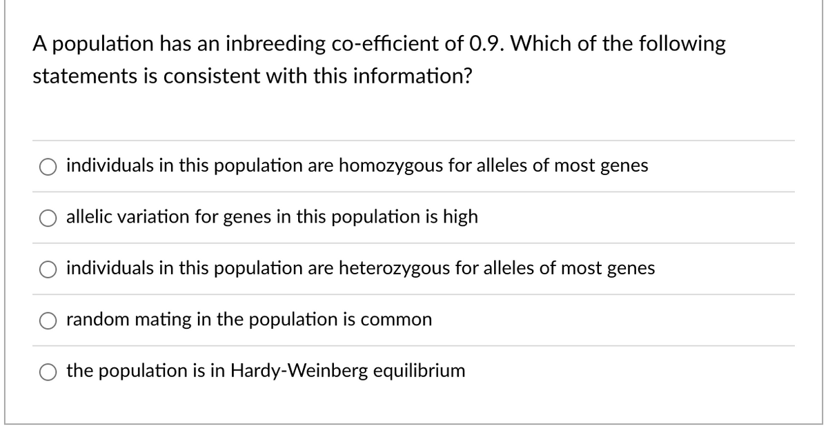 A population has an inbreeding co-efficient of 0.9. Which of the following
statements is consistent with this information?
O
individuals in this population are homozygous for alleles of most genes
allelic variation for genes in this population is high
individuals in this population are heterozygous for alleles of most genes
random mating in the population is common
the population is in Hardy-Weinberg equilibrium