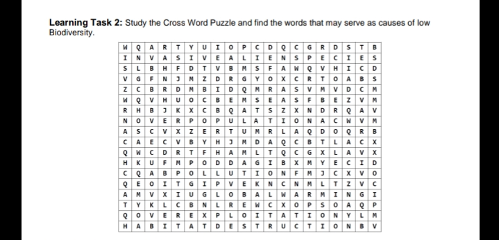 Learning Task 2: Study the Cross Word Puzzle and find the words that may serve as causes of low
Biodiversity.
WQARTYUIO PCDQCGRDSTB
INVASIVE ALIENSPECIES
SLBHFDTV BMS FAWQVHIC D
VGFNJMZDR GYOXCRTO ABS
ZCBRDM BIDQMRASVMVDCM
WQVHUOC BEMSEASFBEZVM
RHBJKXCBQATS ZXNDRQAV
NOVER POPULATION ACWVM
ASCVX ZERTUMRLAQ DOORB
CAECVBYHJM DAQCBTLACX
QWCDRTFHAMLTQCGX LAVX
HKUFM PODDAGI BX MY ECID
CQAB POLLUTION FM3 CX VO
QEOITGIPVEKNCNMLTZ VC
AMV XIUGLOBALWARMINGI
TYKLCBNLREWCXOPSOAQ P
QOVEREXPLOITATIONYLM
HABITATDESTRUCTION BV