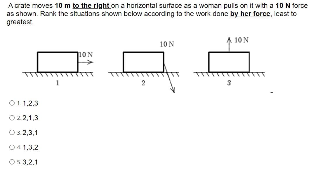 A crate moves 10 m to the right on a horizontal surface as a woman pulls on it with a 10 N force
as shown. Rank the situations shown below according to the work done by her force, least to
greatest.
A 10 N
10 N
10 N
1
3
O 1.1,2,3
O 2.2,1,3
O 3.2,3,1
O 4.1,3,2
O 5.3,2,1
