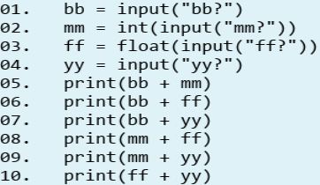 bb
input("bb?")
int(input("mm?"))
01.
02.
mm
ff = float(input("ff?"))
өз.
уу %3D input ("уу?")
04.
yy
print(bb + mm)
print(bb + ff)
print(bb + yy)
print(mm + ff)
print(mm + yy)
print(ff + yy)
05.
Ө6.
07.
08.
09.
10.

