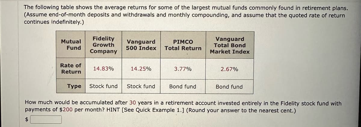 The following table shows the average returns for some of the largest mutual funds commonly found in retirement plans.
(Assume end-of-month deposits and withdrawals and monthly compounding, and assume that the quoted rate of return
continues indefinitely.)
Mutual
Fund
$
Rate of
Return
Type
Fidelity
Growth
Company
14.83%
Vanguard
500 Index
14.25%
Stock fund Stock fund
PIMCO
Total Return
3.77%
Bond fund
Vanguard
Total Bond
Market Index
2.67%
Bond fund
How much would be accumulated after 30 years in a retirement account invested entirely in the Fidelity stock fund with
payments of $200 per month? HINT [See Quick Example 1.] (Round your answer to the nearest cent.)