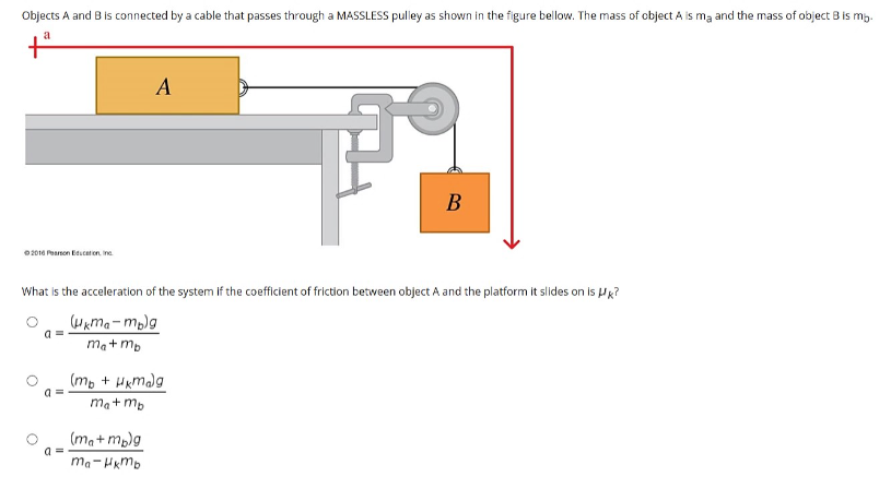 Objects A and B is connected by a cable that passes through a MASSLESS pulley as shown in the figure bellow. The mass of object A is mą and the mass of object B is mp.
A
В
2010 Peanon Educeton in
What is the acceleration of the system if the coefficient of friction between object A and the platform it slides on is Hg?
a =
ma+ mp
(mp + Hkmag
a =
ma+ mp
(ma+ mp)g
ma- Hkmb
