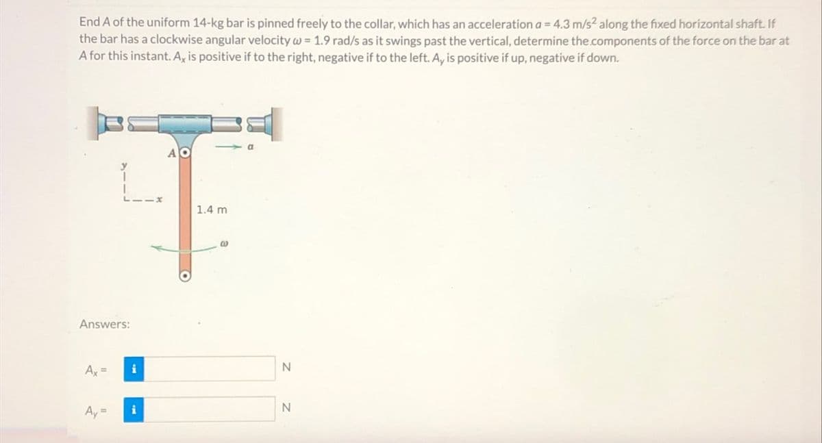 End A of the uniform 14-kg bar is pinned freely to the collar, which has an acceleration a = 4.3 m/s² along the fixed horizontal shaft. If
the bar has a clockwise angular velocity w = 1.9 rad/s as it swings past the vertical, determine the components of the force on the bar at
A for this instant. Ax is positive if to the right, negative if to the left. Ay is positive if up, negative if down.
AO
a
T
1.4 m
Answers:
Ax =
Ay =
i
i
N
N