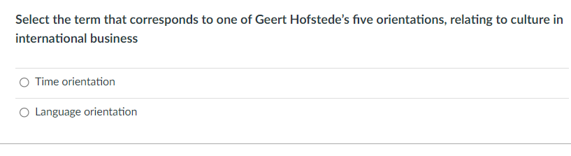 Select the term that corresponds to one of Geert Hofstede's five orientations, relating to culture in
international business
O Time orientation
Language orientation
