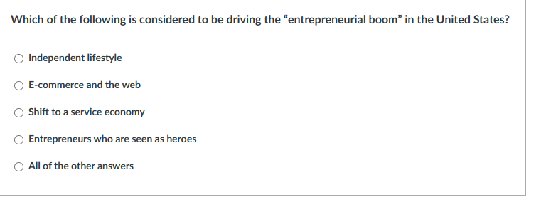 Which of the following is considered to be driving the "entrepreneurial boom" in the United States?
Independent lifestyle
E-commerce and the web
Shift to a service economy
Entrepreneurs who are seen as heroes
All of the other answers