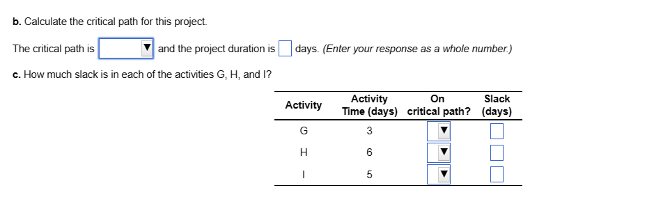 b. Calculate the critical path for this project.
The critical path is
and the project duration is
c. How much slack is in each of the activities G, H, and I?
days. (Enter your response as a whole number.)
Activity
G
H
Activity
On
Time (days) critical path?
3
6
5
Slack
(days)