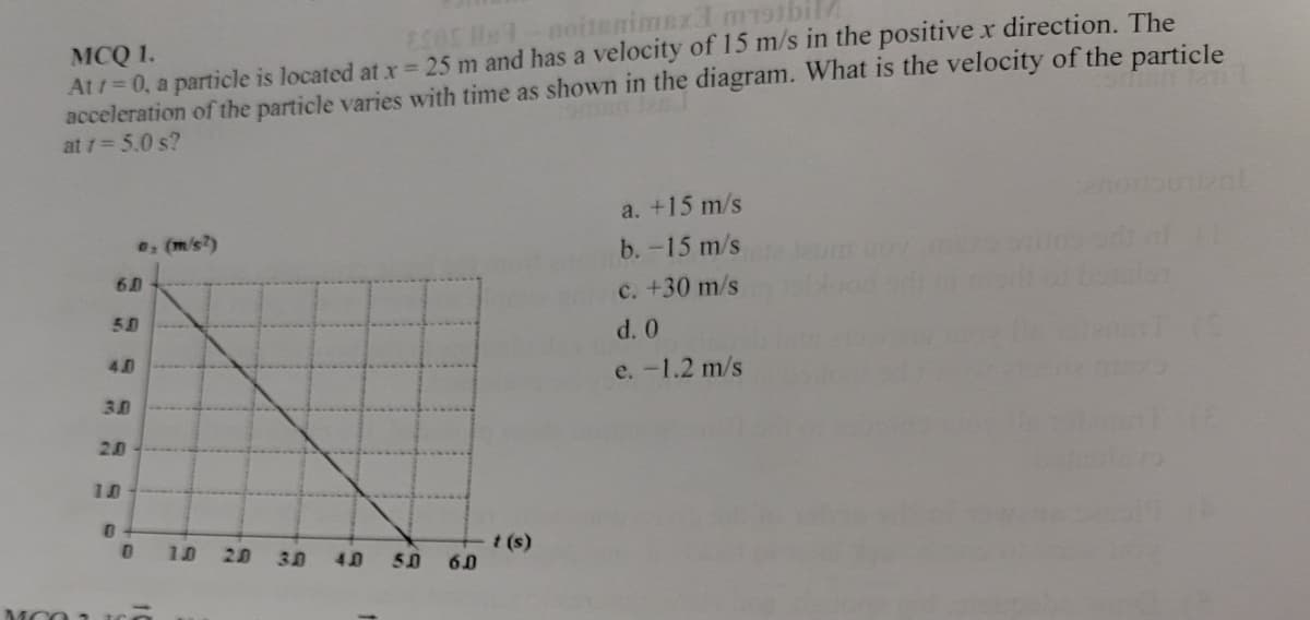 MCQ 1.
ESOS le 1-noitenimez3 mrr9tbil
At 1=0, a particle is located at x = 25 m and has a velocity of 15 m/s in the positive x direction. The
acceleration of the particle varies with time as shown in the diagram. What is the velocity of the particle
at 1 = 5.0 s?
MCO
6.0
5.0
4.0
20
0₂ (m/s²)
10
0
0 10
S
30 4.0
5.0 6.0
a. +15 m/s
b. -15 m/s
c. +30 m/s
d. 0
e. -1.2 m/s
untent