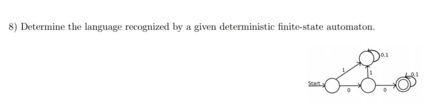 8) Determine the language recognized by a given deterministic finite-state automaton.
Start
0,1
0.1