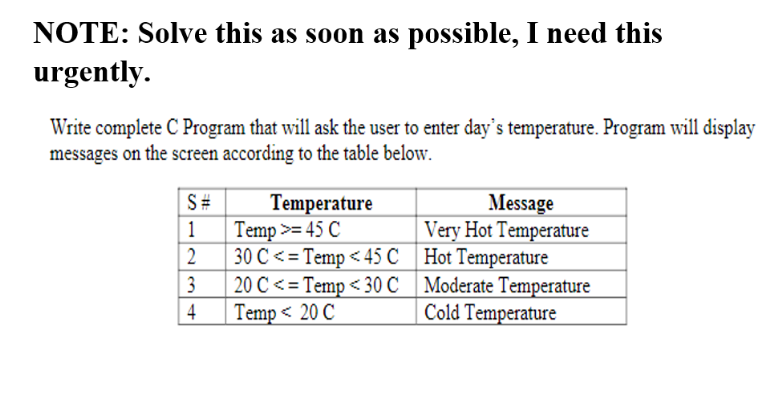 NOTE: Solve this as soon as possible, I need this
urgently.
Write complete C Program that will ask the user to enter day's temperature. Program will display
messages on the screen according to the table below.
Message
Very Hot Temperature
S#
Temperature
Temp>= 45 C
2
1
30 C <= Temp < 45 C | Hot Temperature
20 C < = Temp < 30 C | Moderate Temperature
Temp< 20 C
3
4
Cold Temperature
%23
