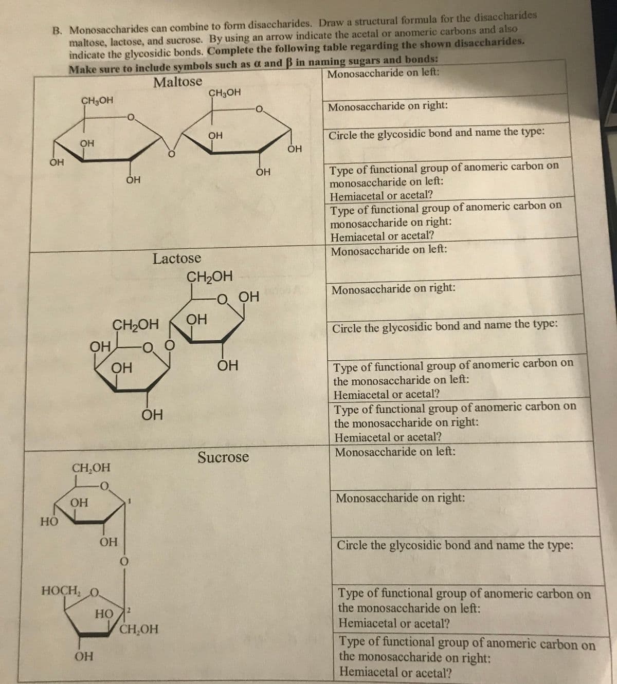 B. Monosaccharides can combine to form disaccharides. Draw a structural formula for the disaccharides
maltose, lactose, and sucrose. By using an arrow indicate the acetal or anomeric carbons and also
indicate the glycosidic bonds. Complete the following table regarding the shown disaccharides.
Make sure to include symbols such as a and B in naming sugars and bonds:
Monosaccharide on left:
Maltose
CH3OH
CH3OH
Monosaccharide on right:
OH
Circle the glycosidic bond and name the type:
OH
ÓH
Type of functional group of anomeric carbon on
monosaccharide on left:
Hemiacetal or acetal?
ÓH
Type of functional group of anomeric carbon on
monosaccharide on right:
Hemiacetal or acetal?
Monosaccharide on left:
Lactose
CH2OH
O OH
Monosaccharide on right:
CH2OH
Circle the glycosidic bond and name the type:
Type of functional group of anomeric carbon on
the monosaccharide on left:
Hemiacetal or acetal?
OH
Type of functional group of anomeric carbon on
the monosaccharide on right:
Hemiacetal or acetal?
Monosaccharide on left:
Sucrose
CH,OH
O.
Monosaccharide on right:
HO
HO
OH
Circle the glycosidic bond and name the type:
HOCH, O
Type of functional group of anomeric carbon on
the monosaccharide on left:
Hemiacetal or acetal?
HO
CH,OH
Type of functional group of anomeric carbon on
the monosaccharide on right:
Hemiacetal or acetal?
OH
