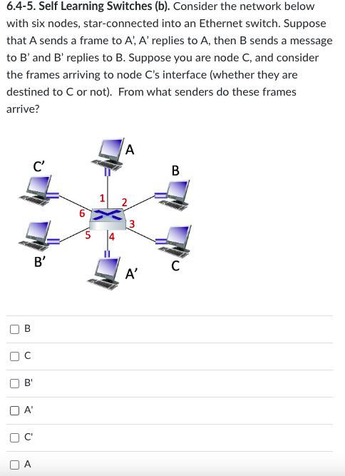 6.4-5. Self Learning Switches (b). Consider the network below
with six nodes, star-connected into an Ethernet switch. Suppose
that A sends a frame to A', A' replies to A, then B sends a message
to B' and B' replies to B. Suppose you are node C, and consider
the frames arriving to node C's interface (whether they are
destined to C or not). From what senders do these frames
arrive?
U
|
B
J
с
C'
B'
OA'
OC
A
B'
A
2
A'
B