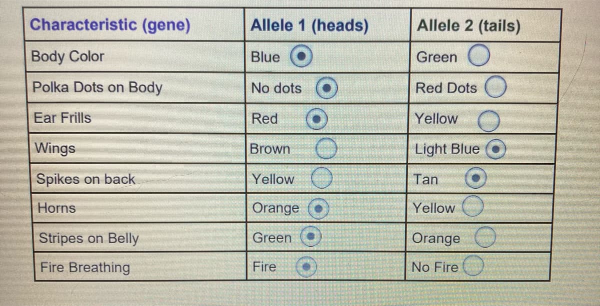 Characteristic (gene)
Allele 1 (heads)
Allele 2 (tails)
Body Color
Blue
Green O
Polka Dots on Body
No dots
Red Dots
Ear Frills
Red
Yellow
Wings
Brown
Light Blue
Spikes on back
Yellow
Tan
Horns
Orange
Yellow
Stripes on Belly
Green
Orange
Fire Breathing
Fire
No Fire
