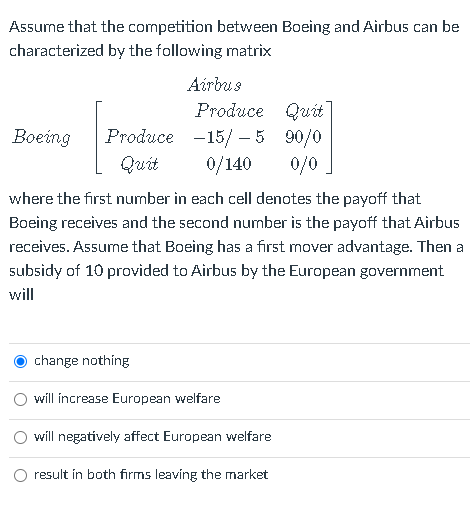 Assume that the competition between Boeing and Airbus can be
characterized by the following mnatrix
Aórbus
Produce Qut]
Produce -15/ – 5 90/0
Boeing
Quit
0/140
0/0
where the first number in each cell denotes the payoff that
Boeing receives and the second nunber is the payoff that Airbus
receives. Assume that Boeing has a first mover advantage. Then a
subsidy of 10 provided to Airbus by the European government
will
change nothing
will increase European welfare
will negatively affect European welfare
result in both firms leaving the market
