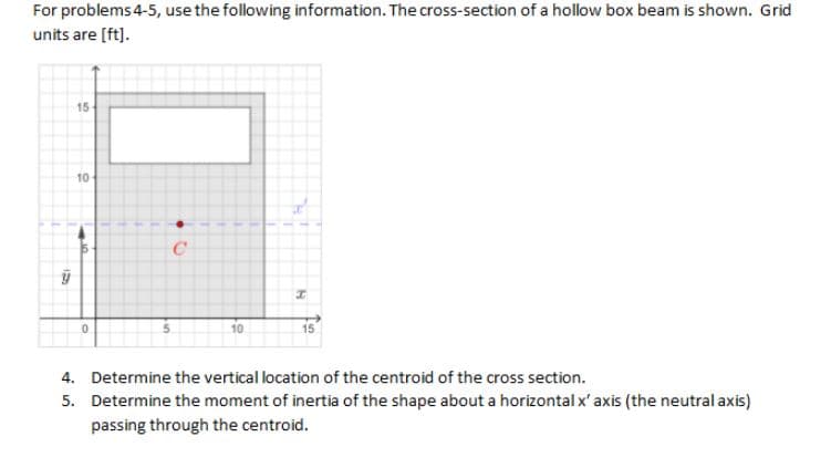 For problems 4-5, use the following information. The cross-section of a hollow box beam is shown. Grid
units are [ft].
12
15
10
0
5
.6
с
10
H
15
4. Determine the vertical location of the centroid of the cross section.
5. Determine the moment of inertia of the shape about a horizontal x' axis (the neutral axis)
passing through the centroid.
