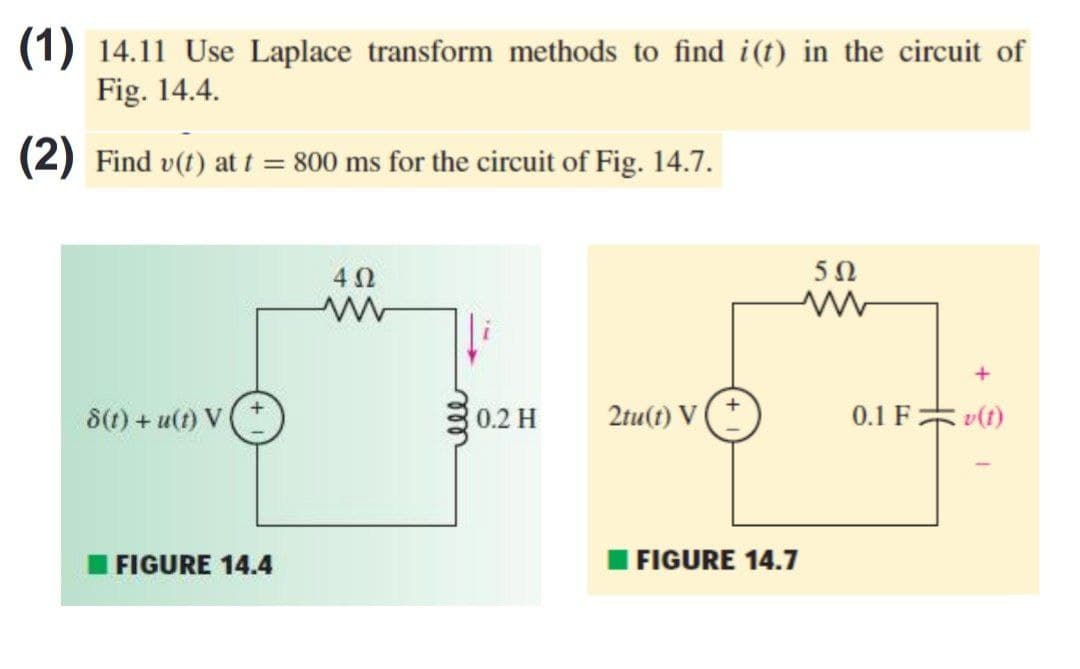 (1) 14.11 Use Laplace transform methods to find i(t) in the circuit of
Fig. 14.4.
(2) Find v(t) at t = 800 ms for the circuit of Fig. 14.7.
5Ω
8(t) + u(t) V
0.2 H
2tu(t) V
0.1 F
v(t)
FIGURE 14.4
FIGURE 14.7
ell
